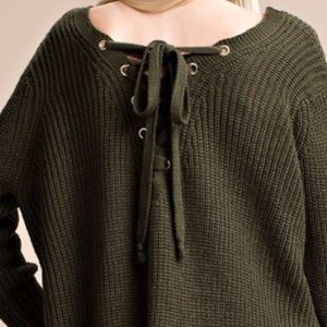 JV Boutique Sweaters - Olive Back Lace Up Chunky Sweater JV Boutique Sweaters - Olive Back Lace Up Chunky Sweater